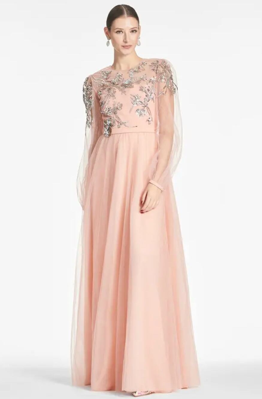 Sachin & Babi Freyja Gown Womens 12 Morganite Peach Tulle Sequin Sheer $1295